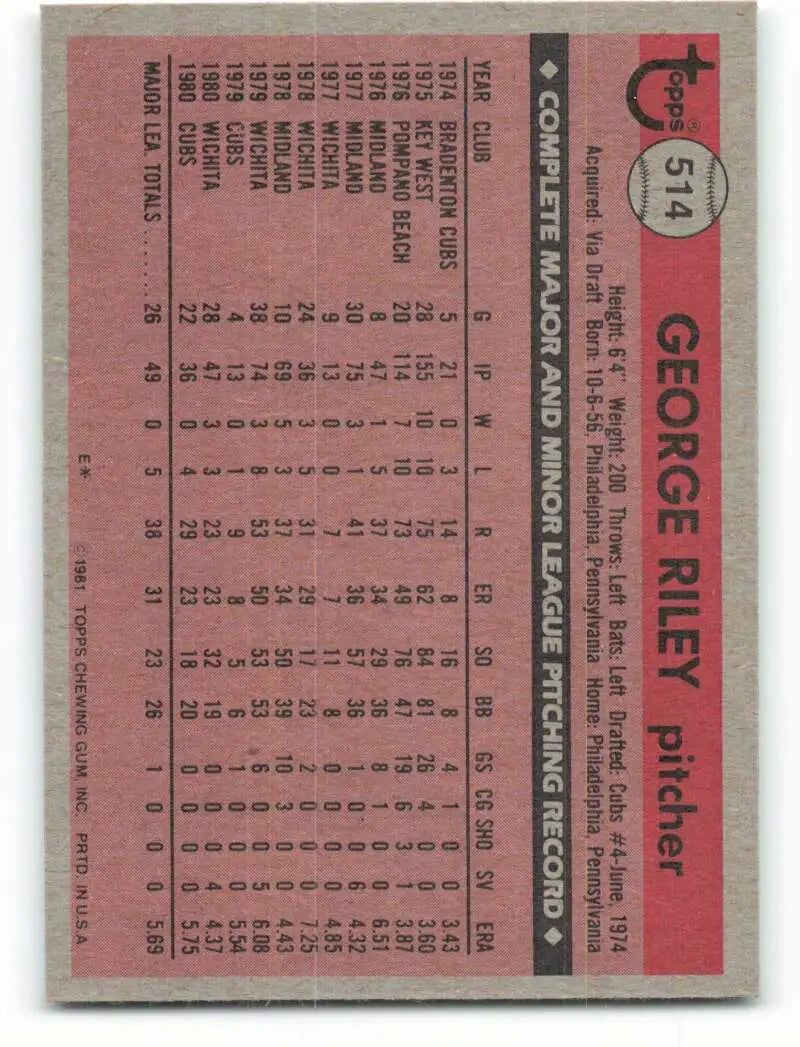 1981 Topps #514 George Riley EX Excellent RC Rookie Chicago Cubs Baseball Card - Baseball Card Single