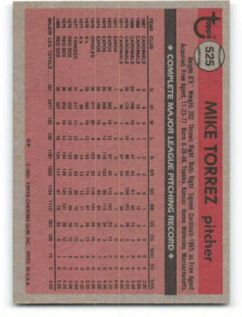 1981 Topps #525 Mike Torrez EX Excellent Boston Red Sox Baseball Card - Baseball Card Single