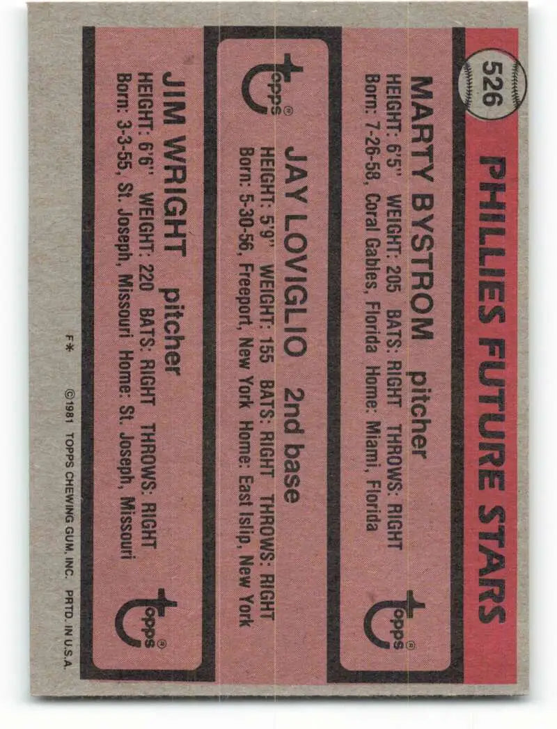 1981 Topps #526 Phillies Marty Bystrom/Jay Loviglio/Jim Wright EX Excellent RC Rookie Philadelphia Phillies Baseball