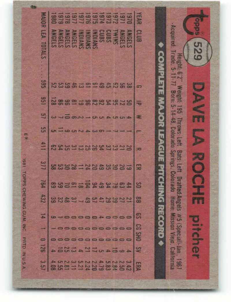 1981 Topps #529 Dave LaRoche EX Excellent California Angels Baseball Card - Baseball Card Single