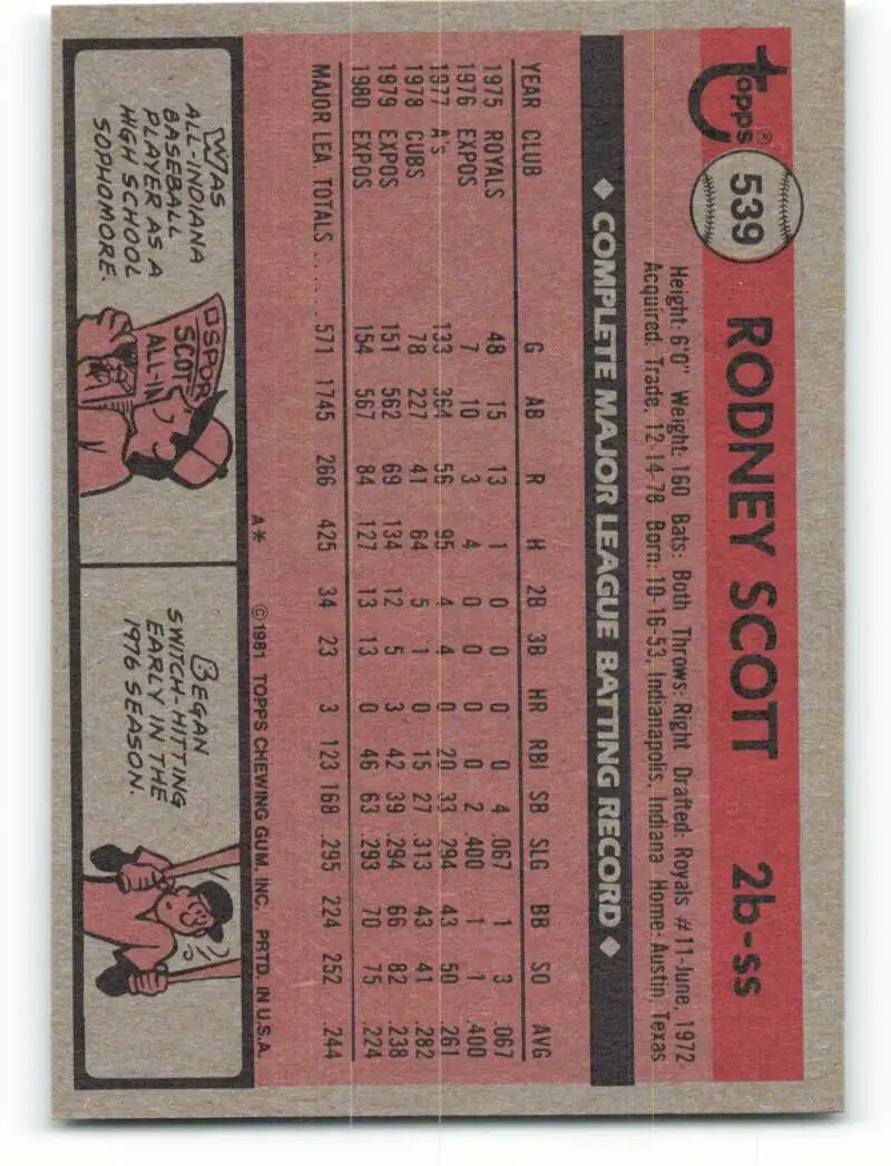 1981 Topps #539 Rodney Scott EX Excellent Montreal Expos Baseball Card - Baseball Card Single