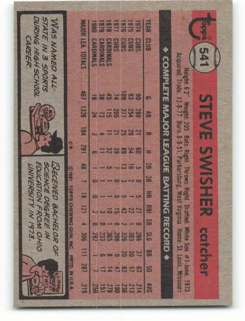 1981 Topps #541 Steve Swisher EX Excellent St. Louis Cardinals Baseball Card - Baseball Card Single