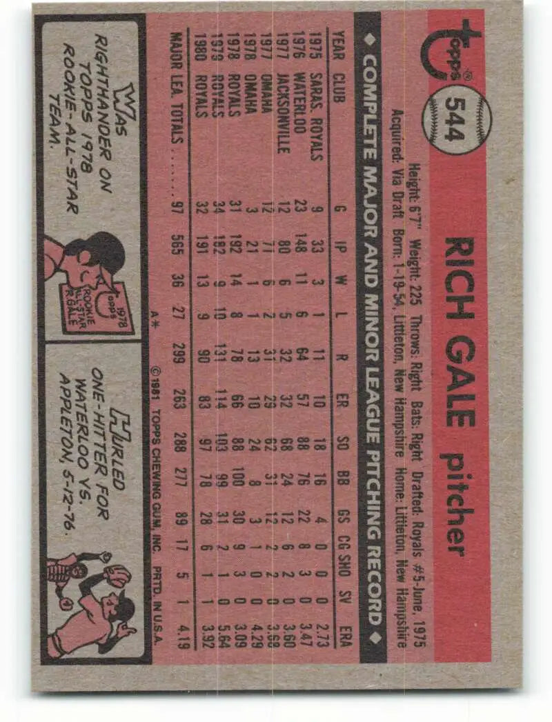 1981 Topps #544 Rich Gale EX Excellent Kansas City Royals Baseball Card - Baseball Card Single