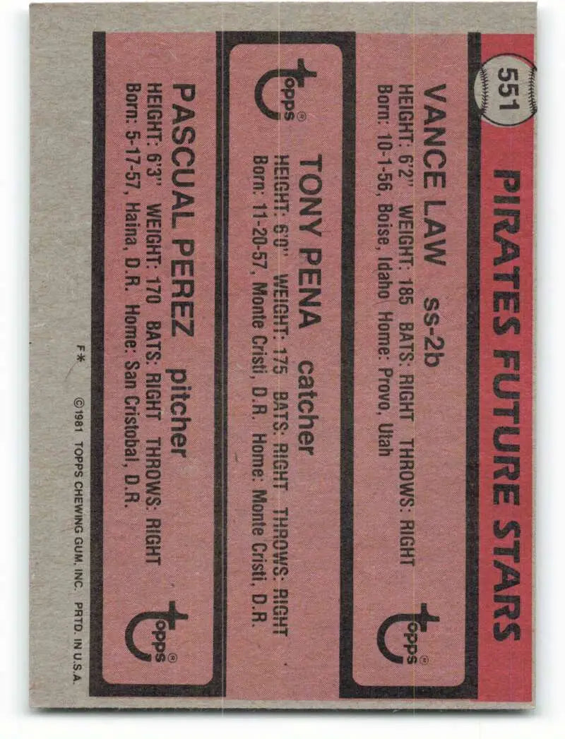1981 Topps #551 Vance Law/Tony Pena/Pascual Perez EX Excellent RC Rookie Pittsburgh Pirates Baseball Card - Baseball