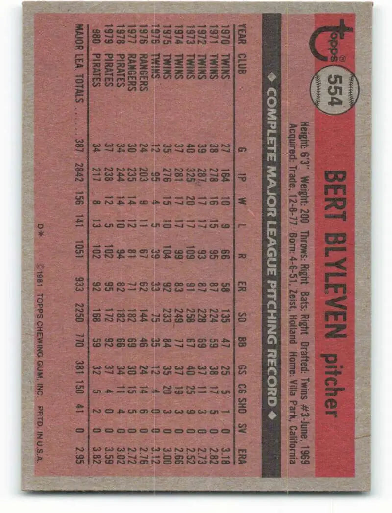 1981 Topps #554 Bert Blyleven EX Excellent Pittsburgh Pirates Baseball Card - Baseball Card Single