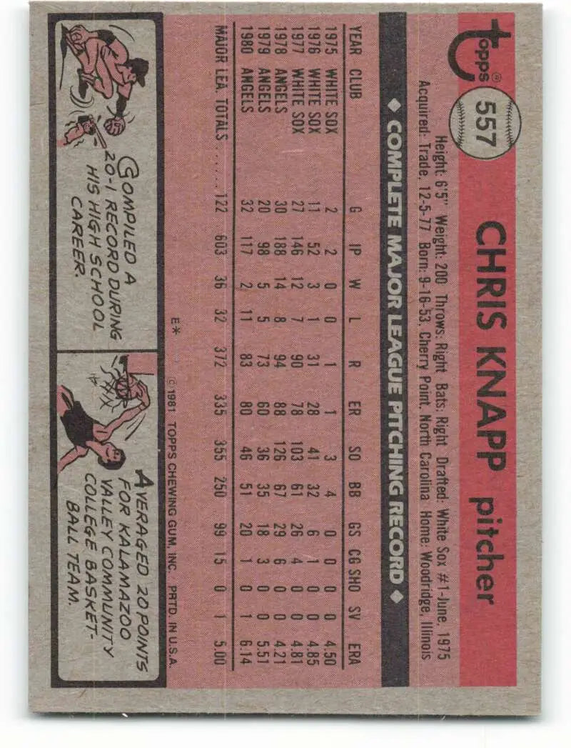 1981 Topps #557 Chris Knapp EX Excellent California Angels Baseball Card - Baseball Card Single