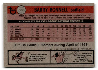 Vintage Barry Bonnell baseball card from 1981 Topps with stats and original gloss