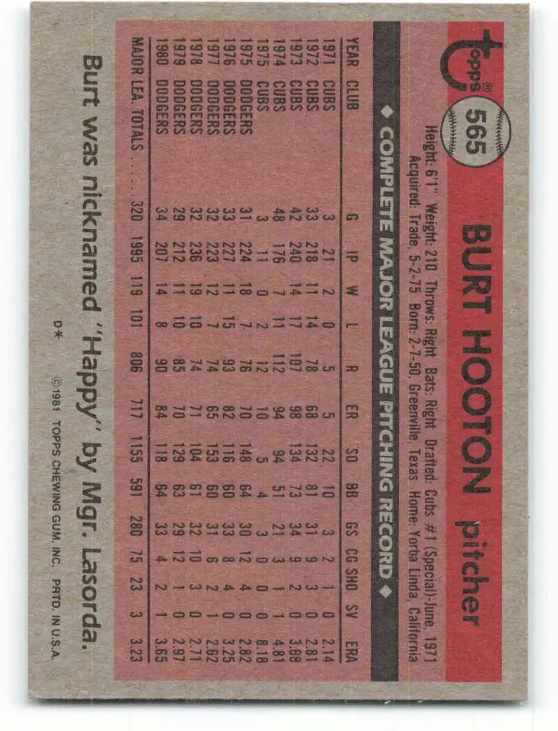 1981 Topps #565 Burt Hooton EX Excellent Los Angeles Dodgers Baseball Card - Baseball Card Single