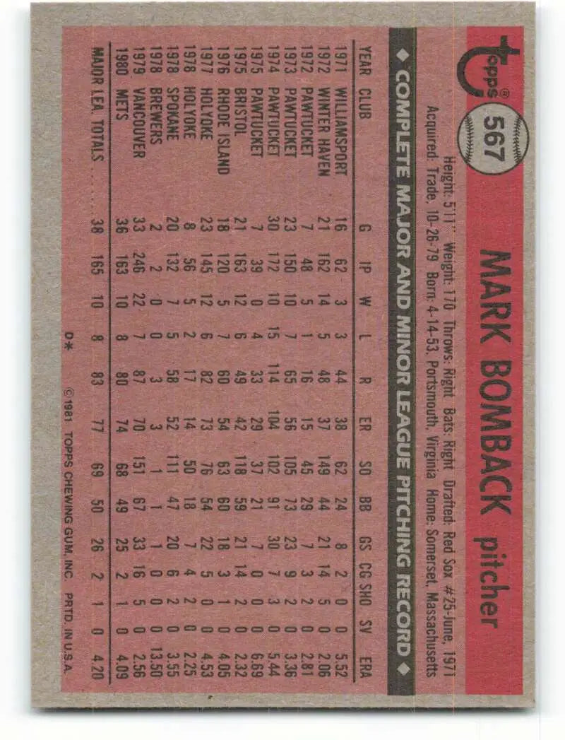 1981 Topps #567 Mark Bomback EX Excellent RC Rookie New York Mets Baseball Card - Baseball Card Single