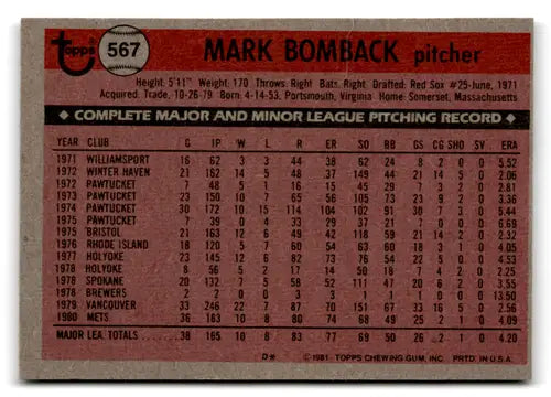 Vintage 1981 Topps Mark Bomback baseball card with original gloss from Simply Sandoval