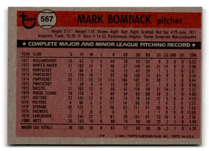 Vintage 1981 Topps Mark Bomback baseball card with original gloss from Simply Sandoval