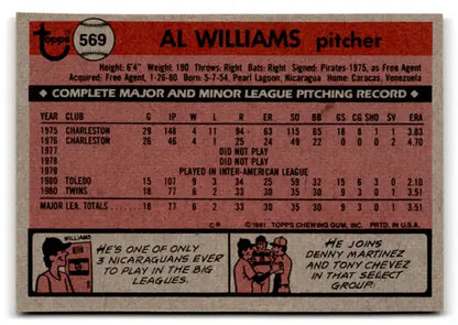 Back of 1981 Topps #569 Al Williams baseball card with original gloss, part of sports cards collection