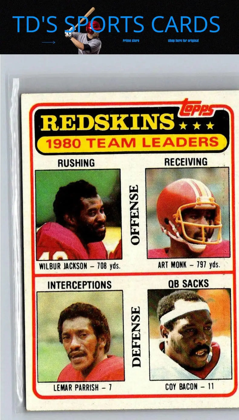 1980 Redskins Team Leaders football card featuring Wilbur Jackson, Art Monk, and Lemar Parrish