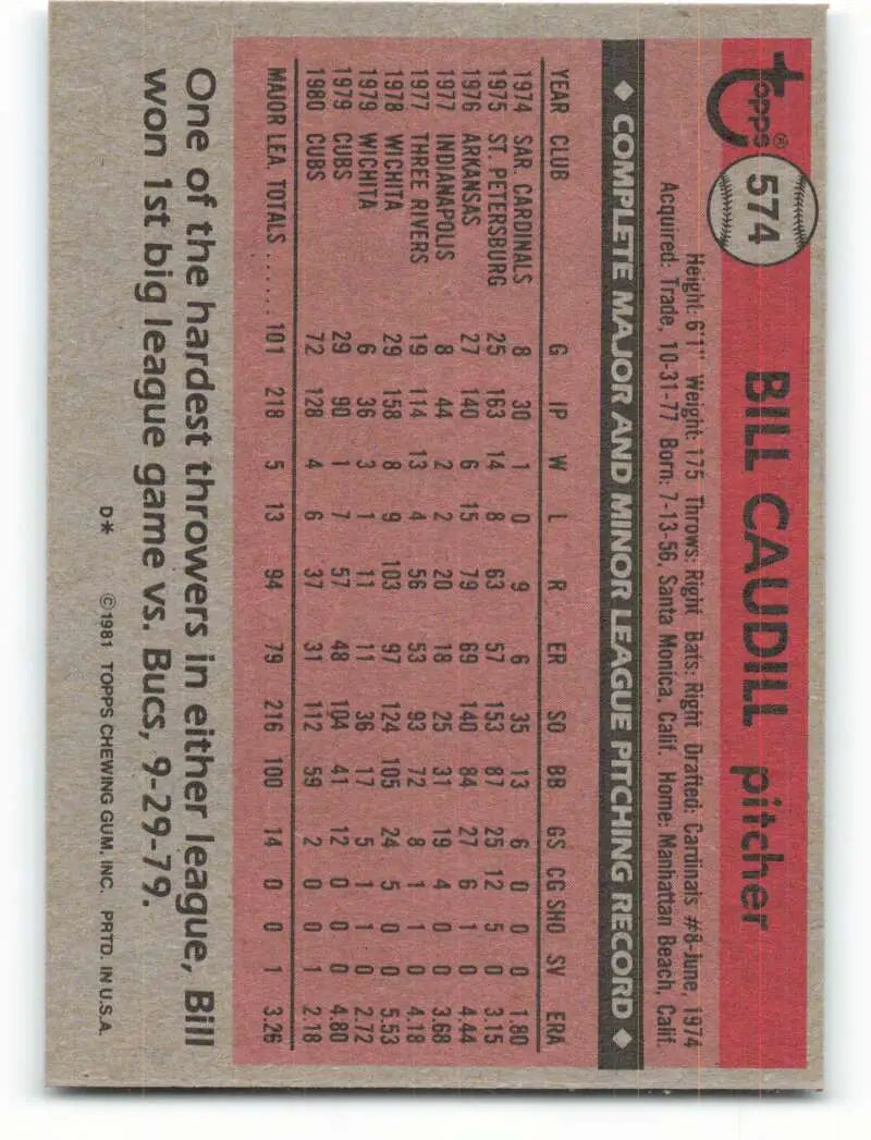 1981 Topps #574 Bill Caudill EX Excellent Chicago Cubs Baseball Card - Baseball Card Single