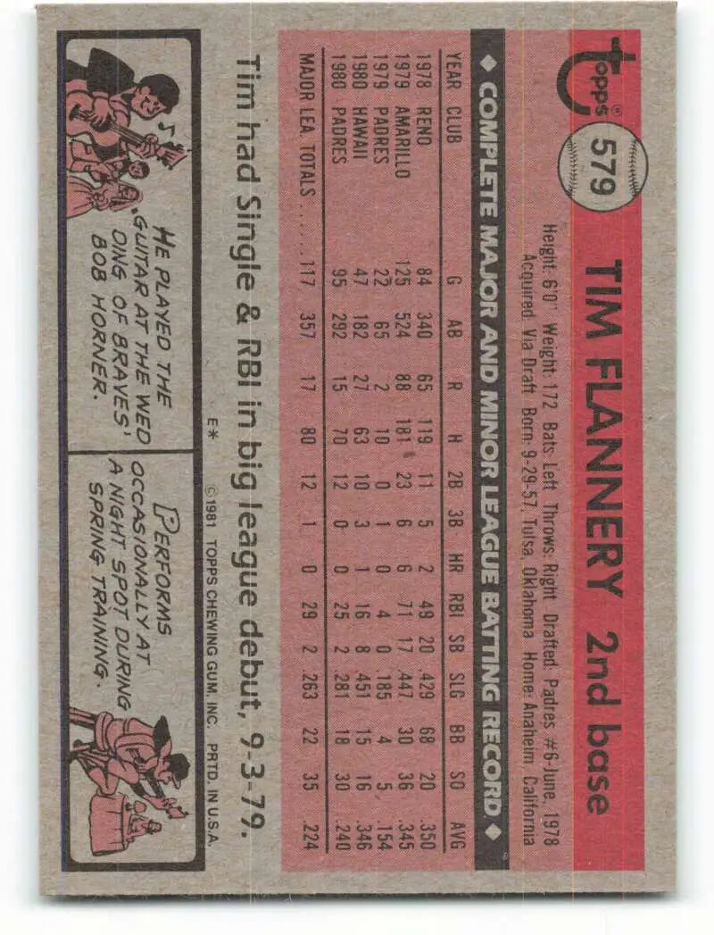 1981 Topps #579 Tim Flannery EX Excellent San Diego Padres Baseball Card - Baseball Card Single