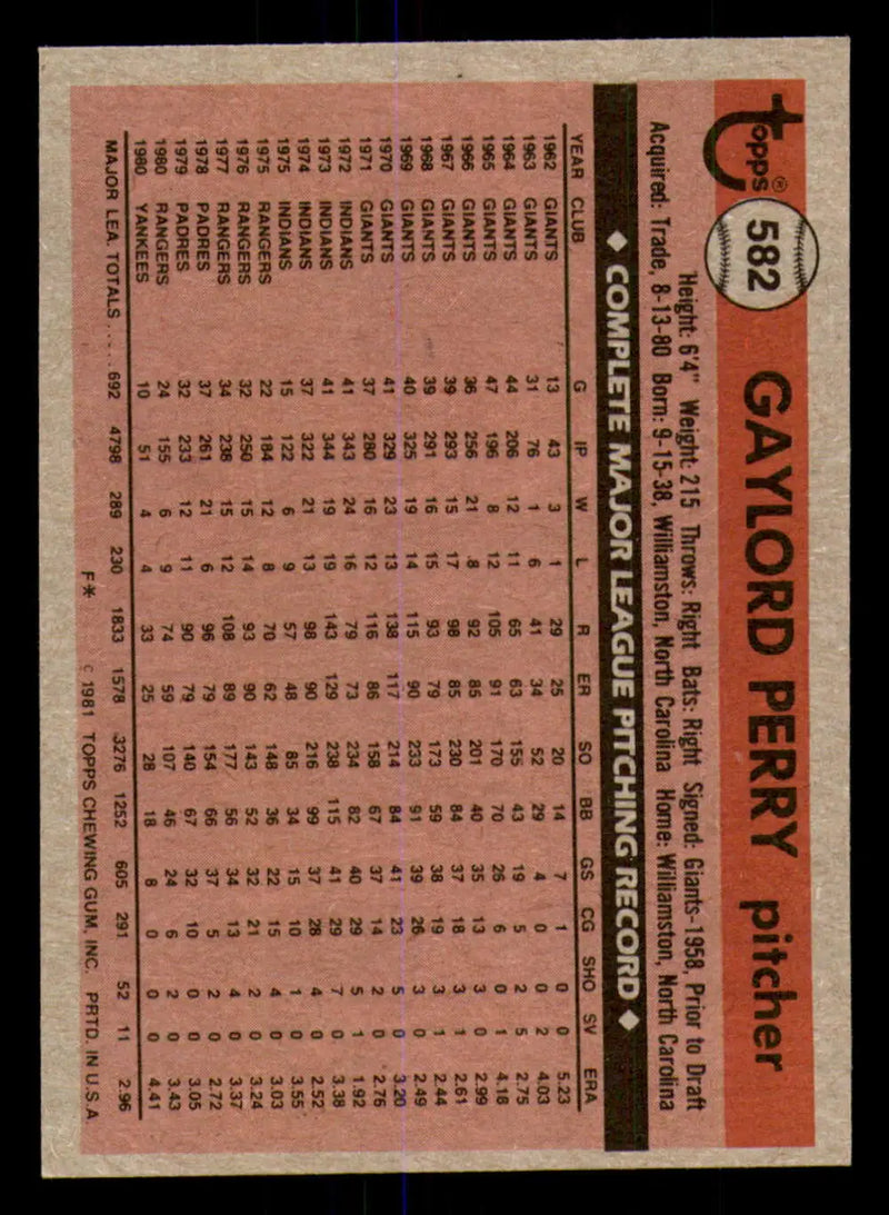 1981 Topps #582 Gaylord Perry EX Excellent New York Yankees Baseball Card - Baseball Card Single