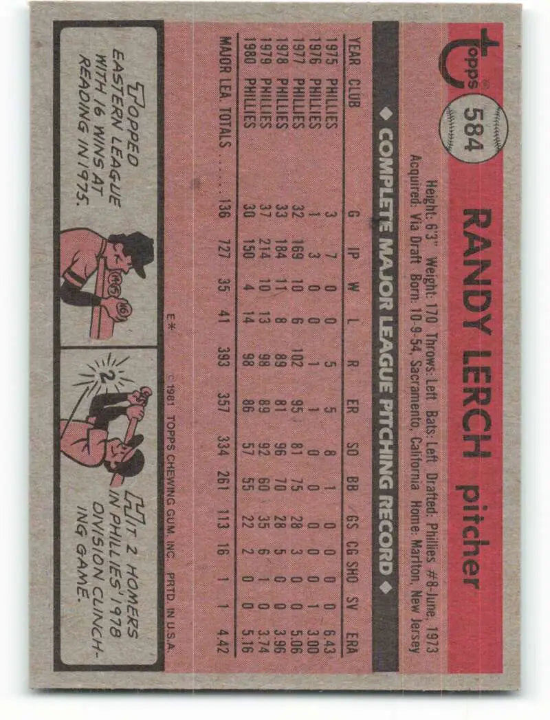 1981 Topps #584 Randy Lerch EX Excellent Philadelphia Phillies Baseball Card - Baseball Card Single