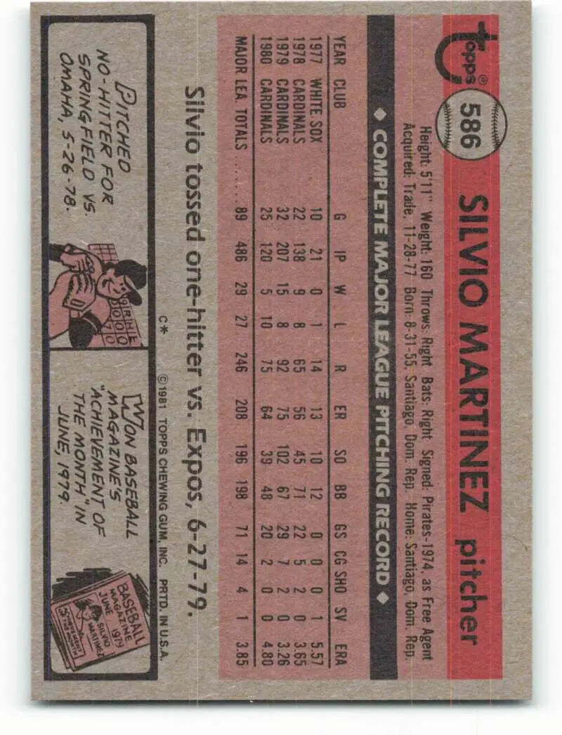 1981 Topps #586 Silvio Martinez EX Excellent St. Louis Cardinals Baseball Card - Baseball Card Single