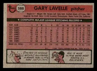 1981 Topps #588 Gary Lavelle - Baseball Card Single
