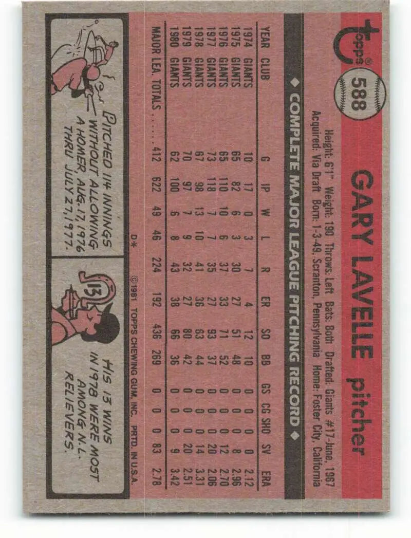 1981 Topps #588 Gary Lavelle EX Excellent San Francisco Giants Baseball Card - Baseball Card Single