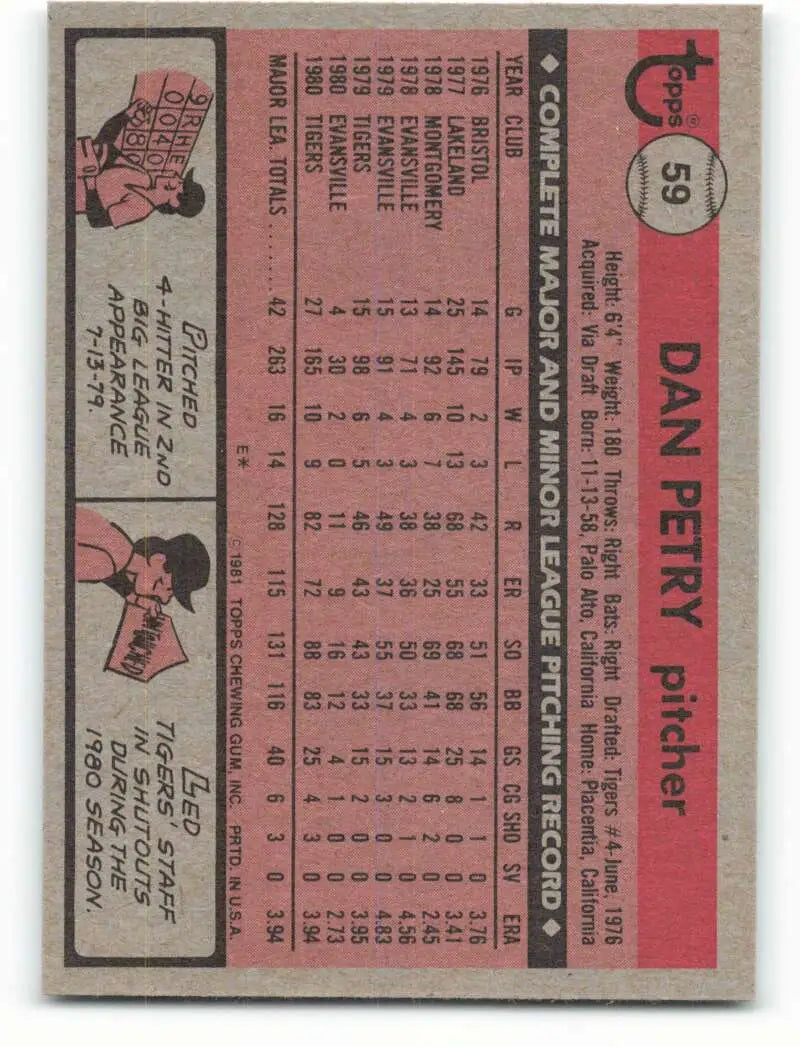1981 Topps #59 Dan Petry EX Excellent Detroit Tigers Baseball Card - Baseball Card Single
