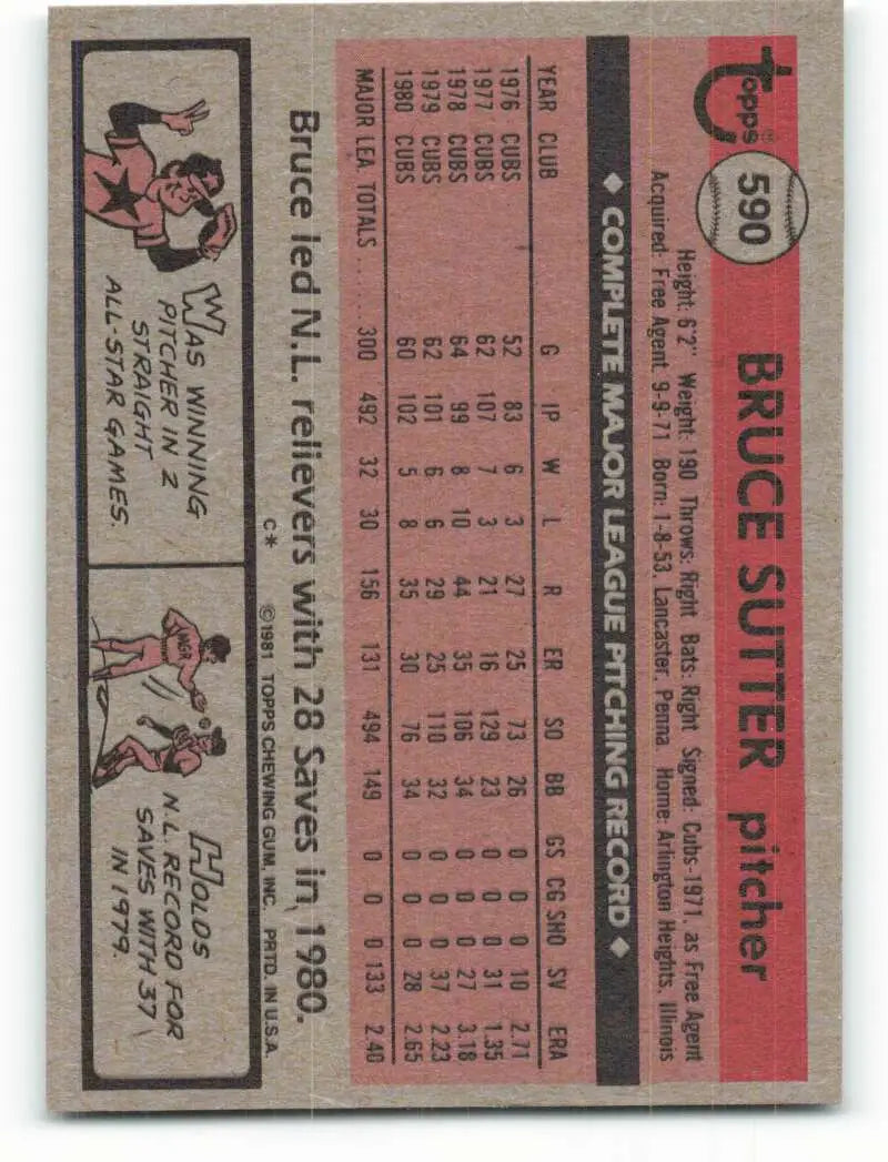1981 Topps #590 Bruce Sutter EX Excellent Chicago Cubs Baseball Card - Baseball Card Single