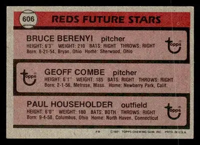 1981 Topps #606 Bruce Berenyi/Geoff Combe/Paul Householder - Baseball Card Single