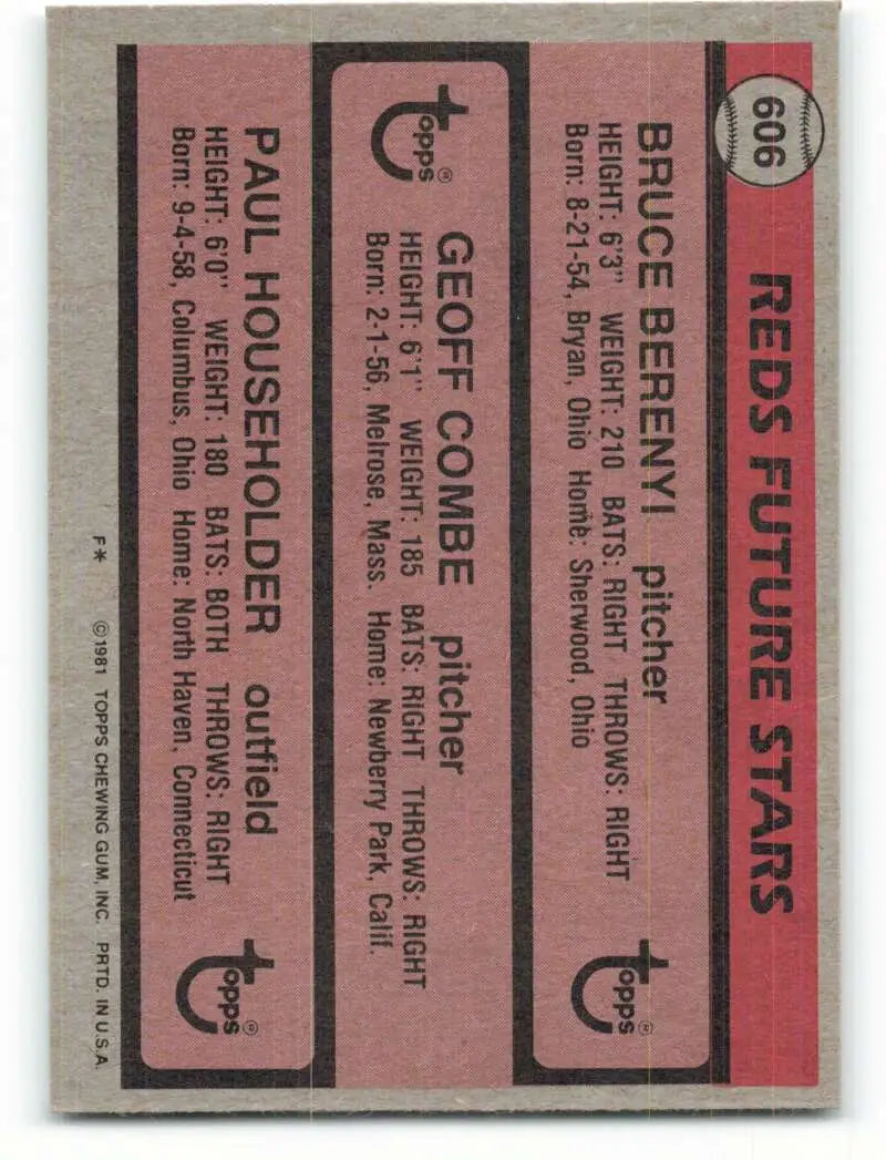 1981 Topps #606 Bruce Berenyi/Geoff Combe/Paul Householder EX Excellent RC Rookie Cincinnati Reds Baseball Card