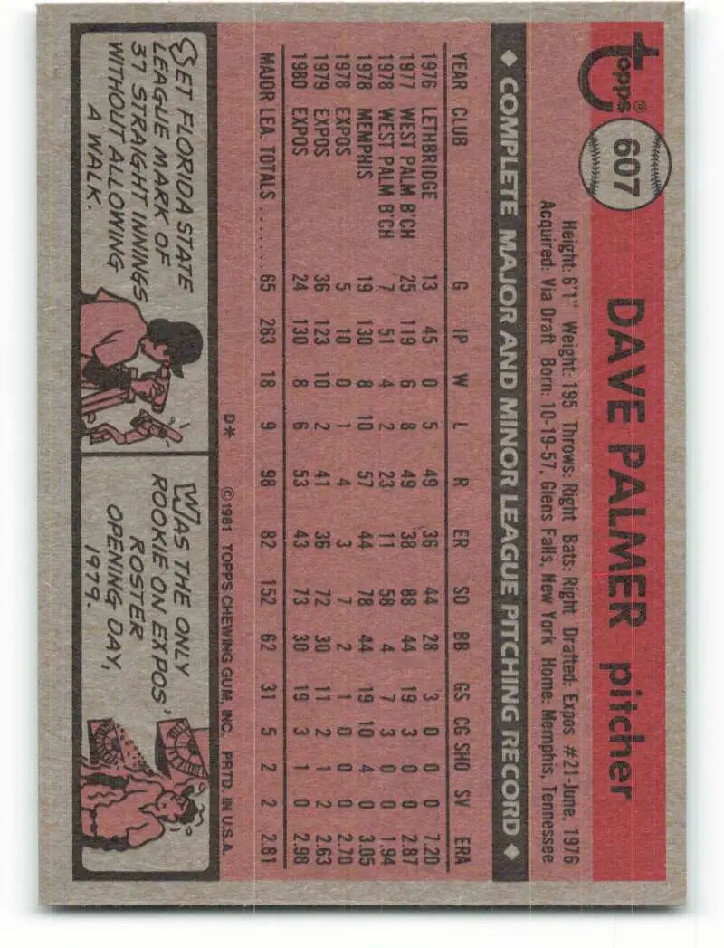 1981 Topps #607 David Palmer EX Excellent Montreal Expos Baseball Card - Baseball Card Single