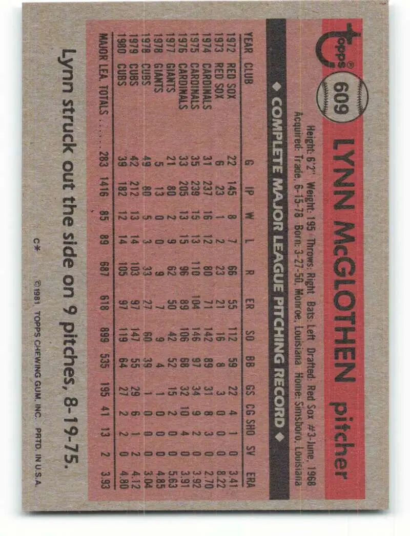 1981 Topps #609 Lynn McGlothen EX Excellent Chicago Cubs Baseball Card - Baseball Card Single