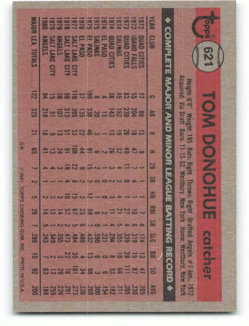 1981 Topps #621 Tom Donohue EX Excellent California Angels Baseball Card - Baseball Card Single