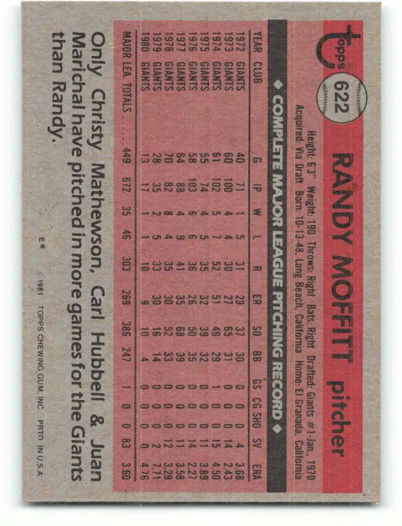 1981 Topps #622 Randy Moffitt EX Excellent San Francisco Giants Baseball Card - Baseball Card Single