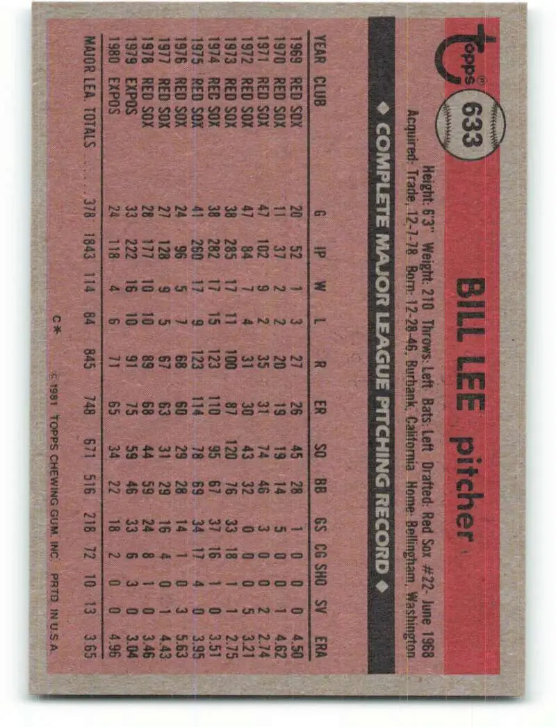1981 Topps #633 Bill Lee EX Excellent Montreal Expos Baseball Card - Baseball Card Single