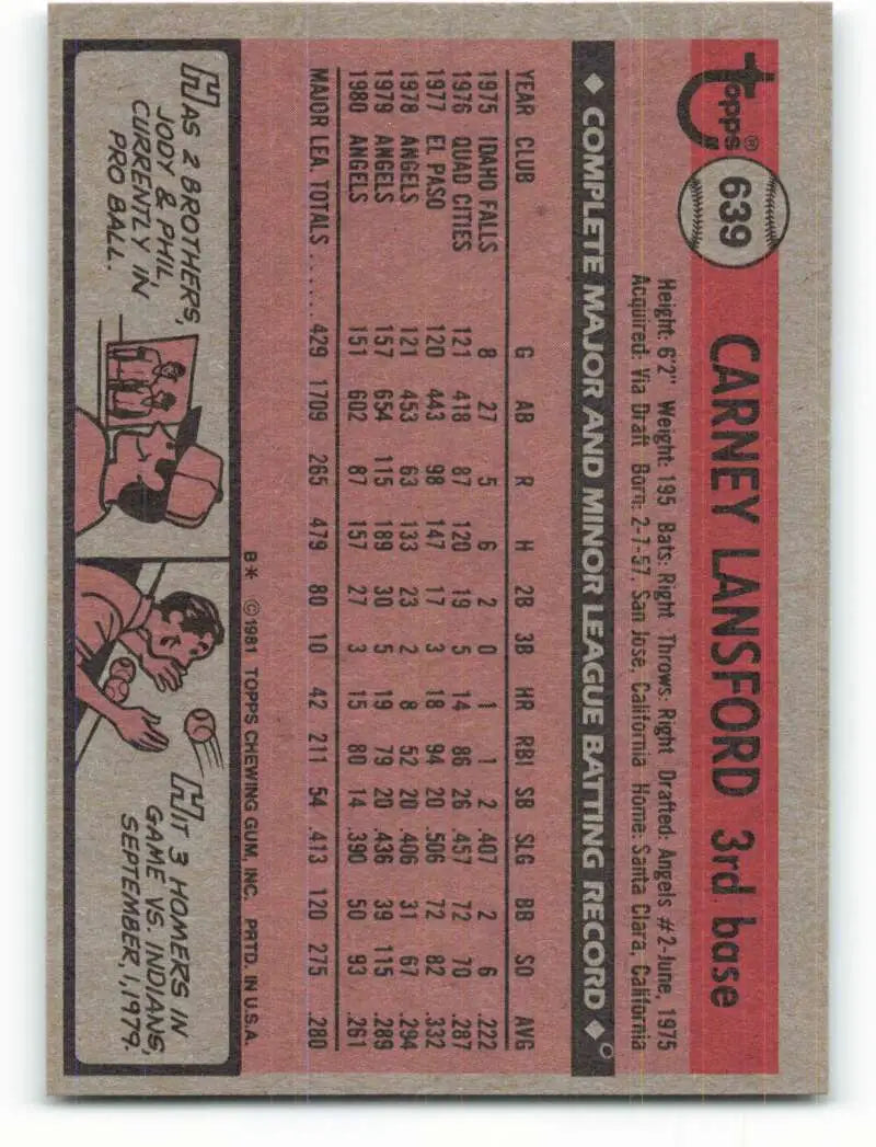 1981 Topps #639 Carney Lansford EX Excellent California Angels Baseball Card - Baseball Card Single