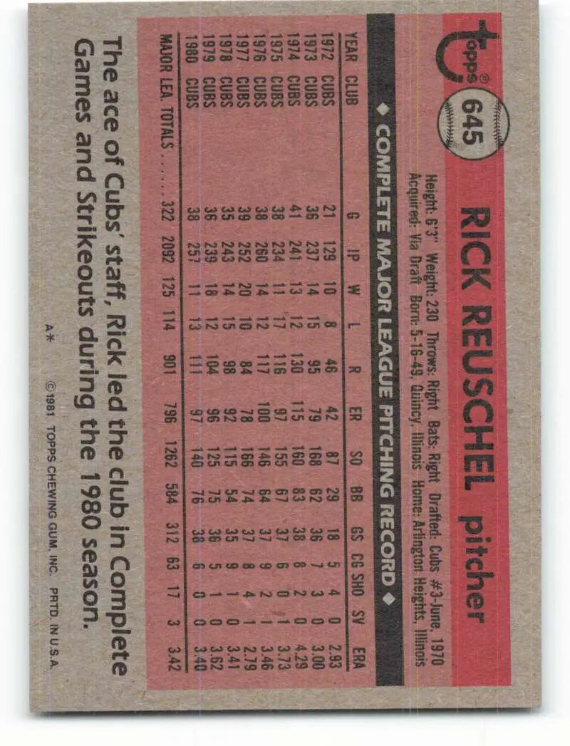 1981 Topps #645 Rick Reuschel EX Excellent Chicago Cubs Baseball Card - Baseball Card Single