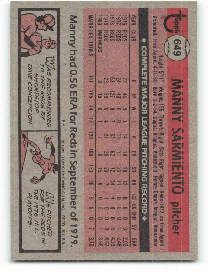 1981 Topps #649 Manny Sarmiento EX Excellent Seattle Mariners Baseball Card - Baseball Card Single