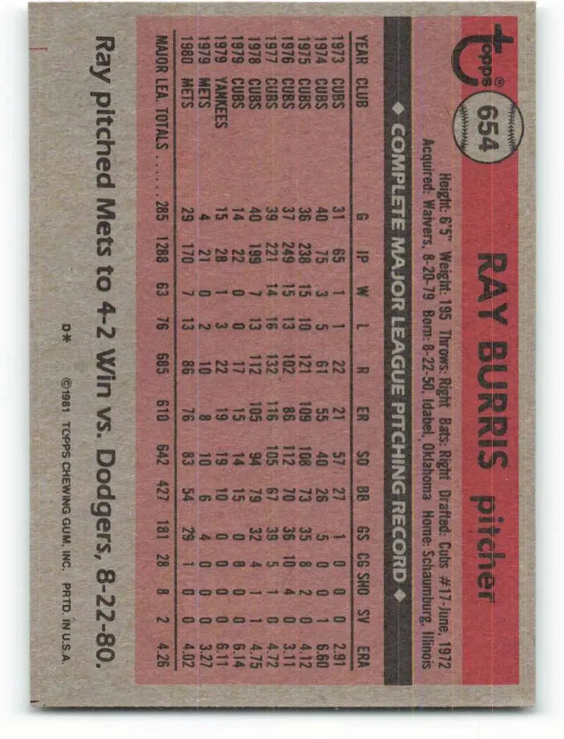 1981 Topps #654 Ray Burris EX Excellent New York Mets Baseball Card - Baseball Card Single