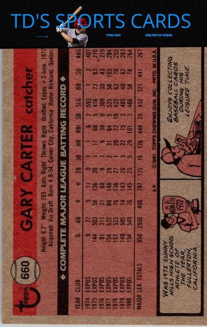 1981 Topps Gary Carter baseball card for collectors and fans of Gary Carter
