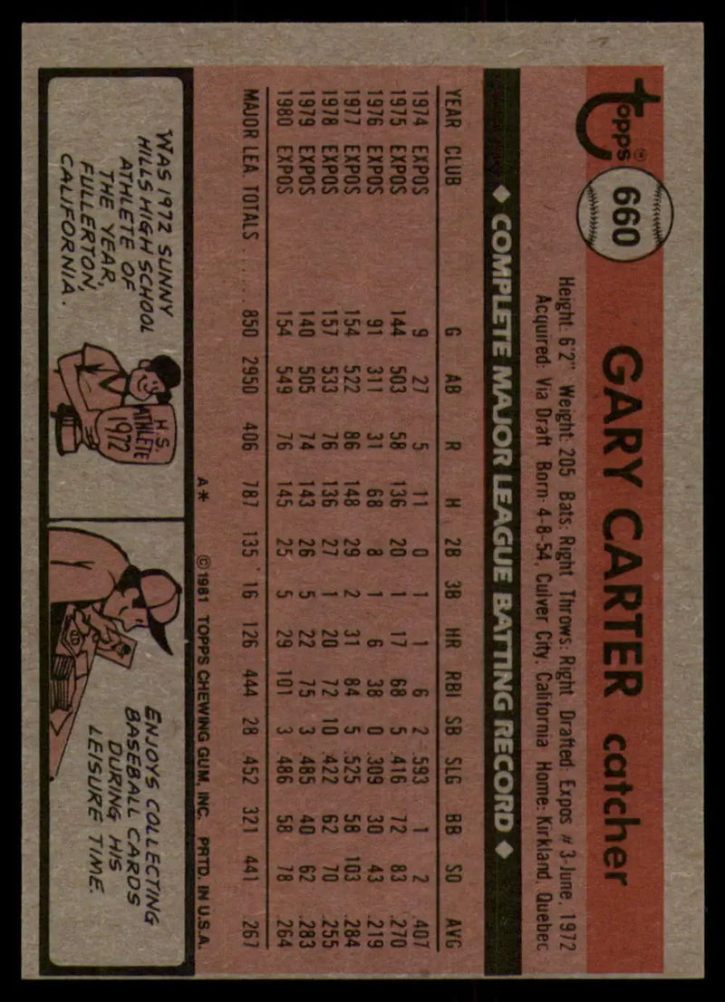 1981 Topps #660 Gary Carter EX Excellent Montreal Expos Baseball Card - Baseball Card Single