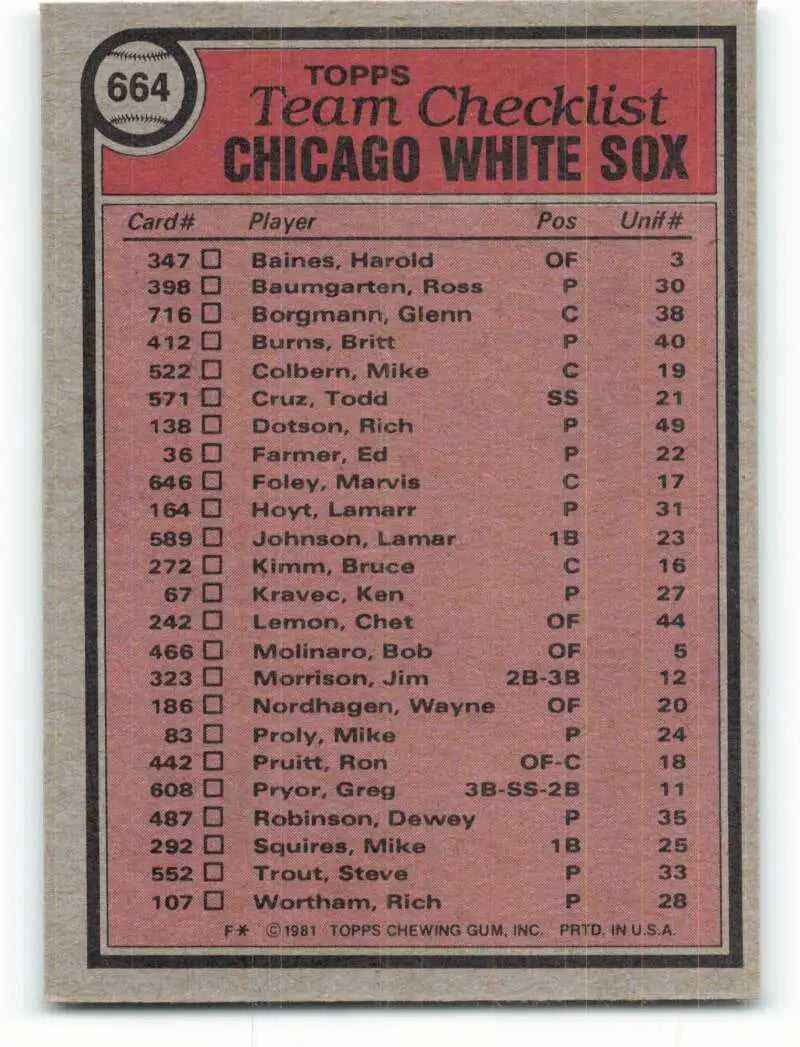 1981 Topps #664 White Sox Team/Tony LaRussa EX Excellent Chicago White Sox Baseball Card - Baseball Card Single