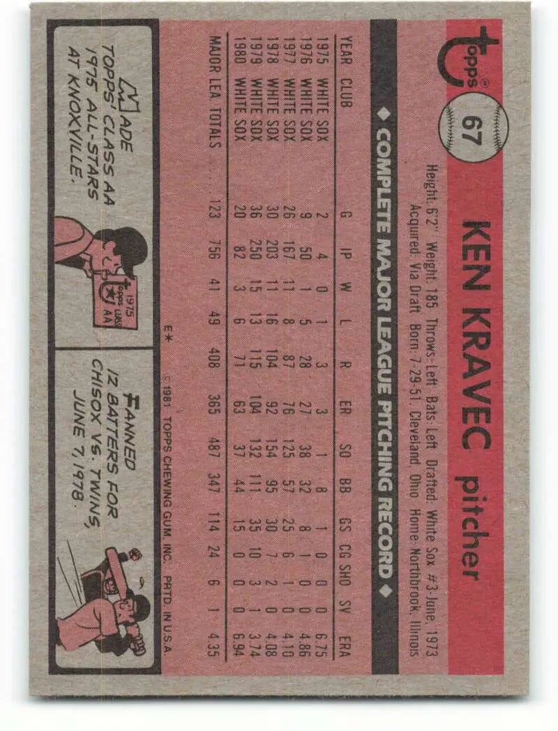 1981 Topps #67 Ken Kravec EX Excellent Chicago White Sox Baseball Card - Baseball Card Single