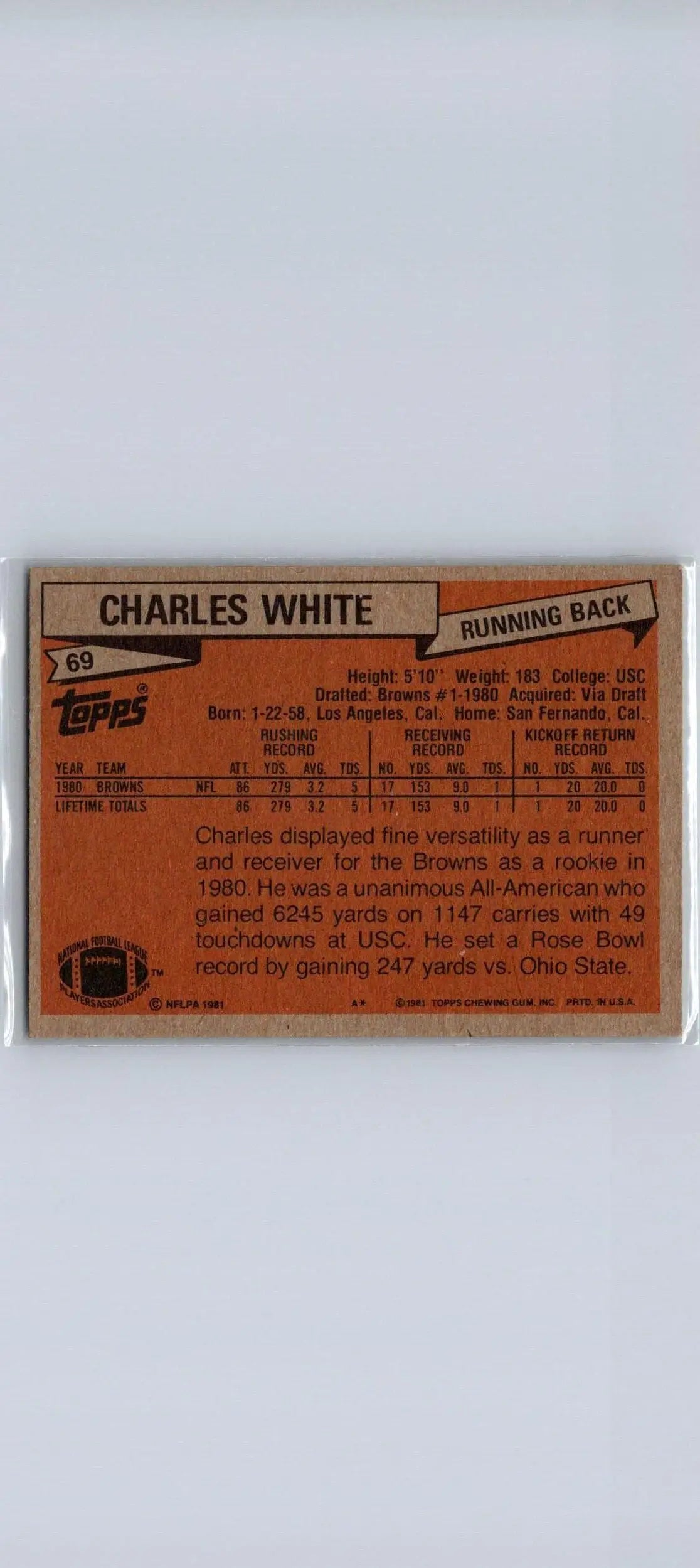1981 Topps #69 Charles White trading card featuring the iconic football player Charles White