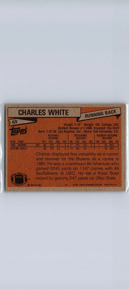 1981 Topps #69 Charles White trading card featuring the iconic football player Charles White