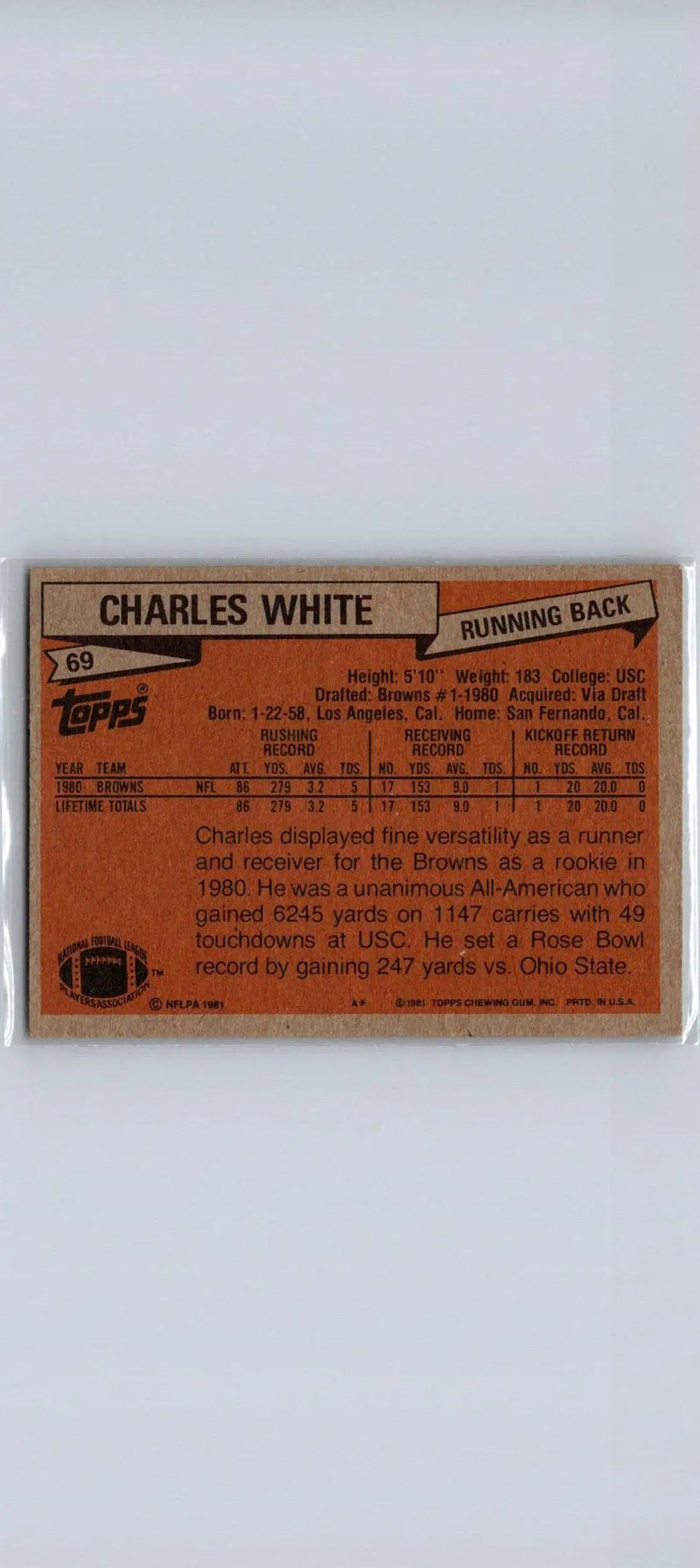 1981 Topps #69 Charles White trading card featuring the iconic football player Charles White