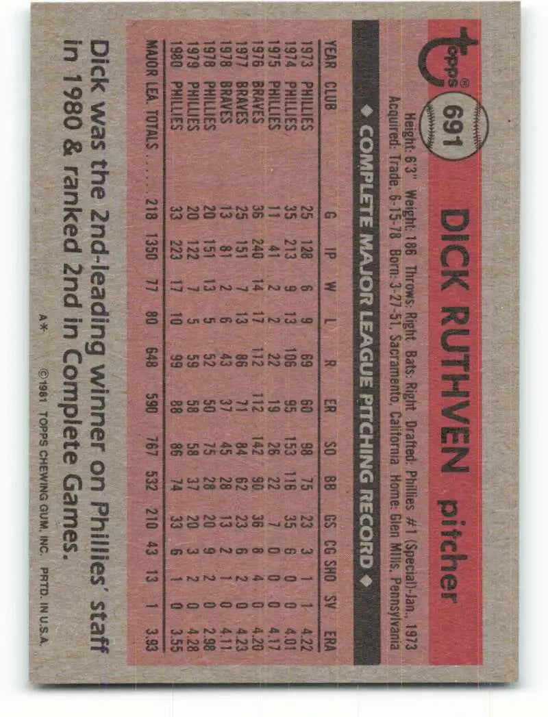 1981 Topps #691 Dick Ruthven EX Excellent Philadelphia Phillies Baseball Card - Baseball Card Single