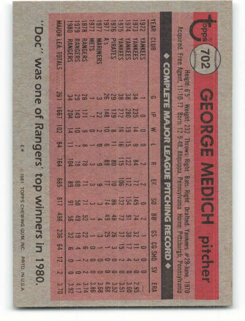 1981 Topps #702 Doc Medich EX Excellent Texas Rangers Baseball Card - Baseball Card Single