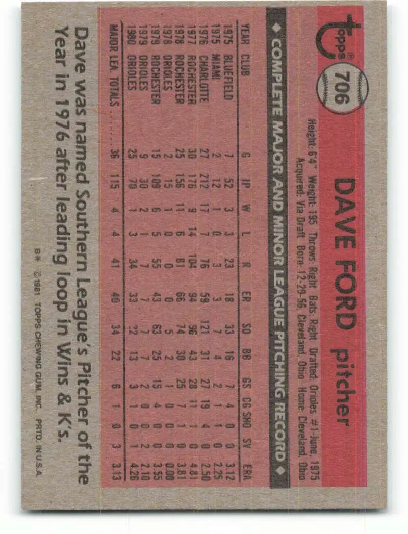 1981 Topps #706 Dave Ford EX Excellent RC Rookie Baltimore Orioles Baseball Card - Baseball Card Single