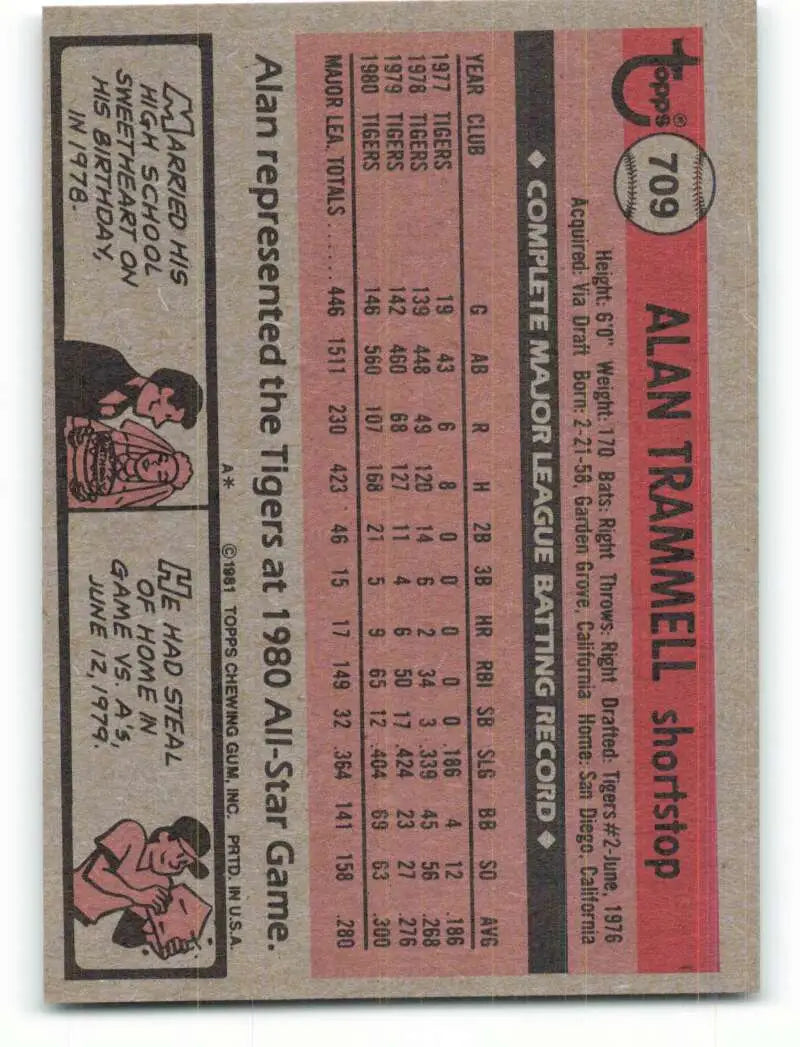 1981 Topps #709 Alan Trammell EX Excellent Detroit Tigers Baseball Card - Baseball Card Single