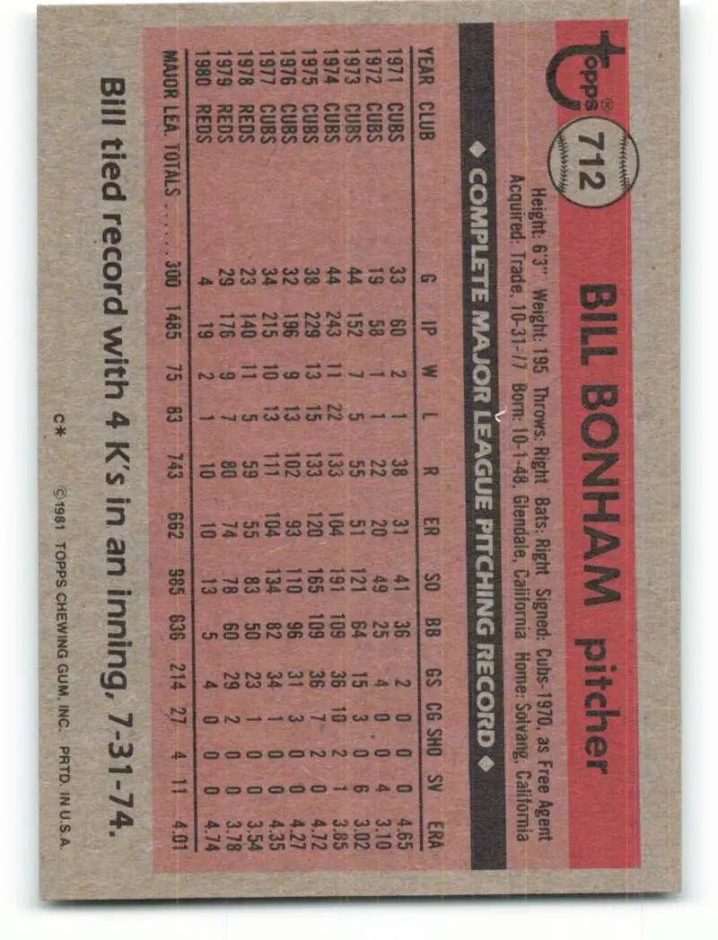 1981 Topps #712 Bill Bonham EX Excellent Cincinnati Reds Baseball Card - Baseball Card Single