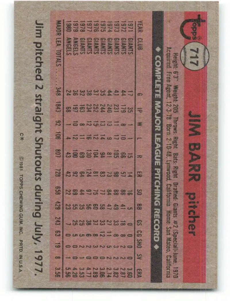 1981 Topps #717 Jim Barr EX Excellent California Angels Baseball Card - Baseball Card Single